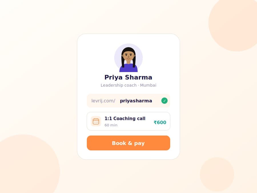 A Levrij storefront page for Priya Sharma, a ₹600 1:1 coaching call with a Book & pay button